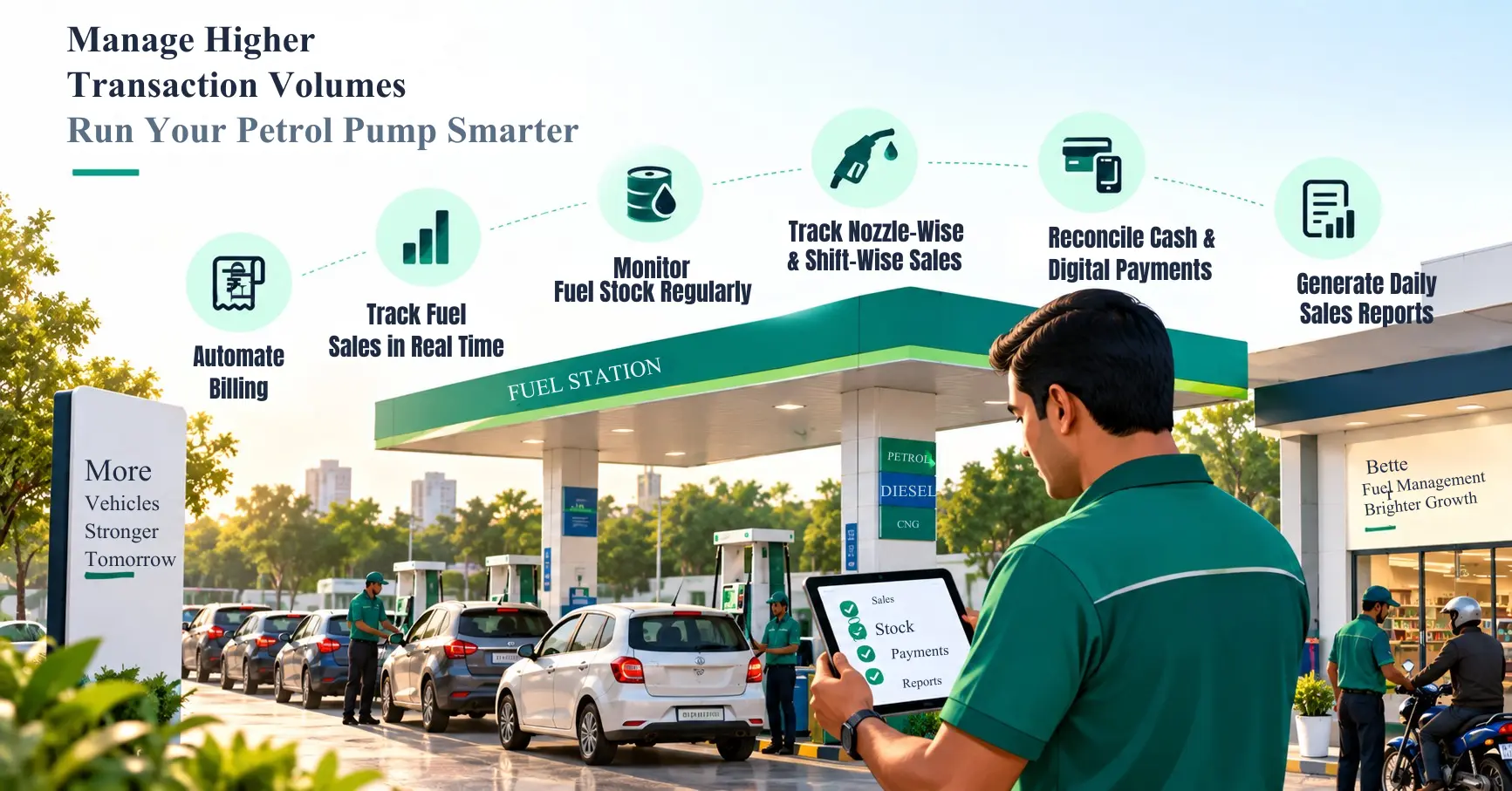 Petrol pump operations with real-time fuel sales, stock and payment tracking